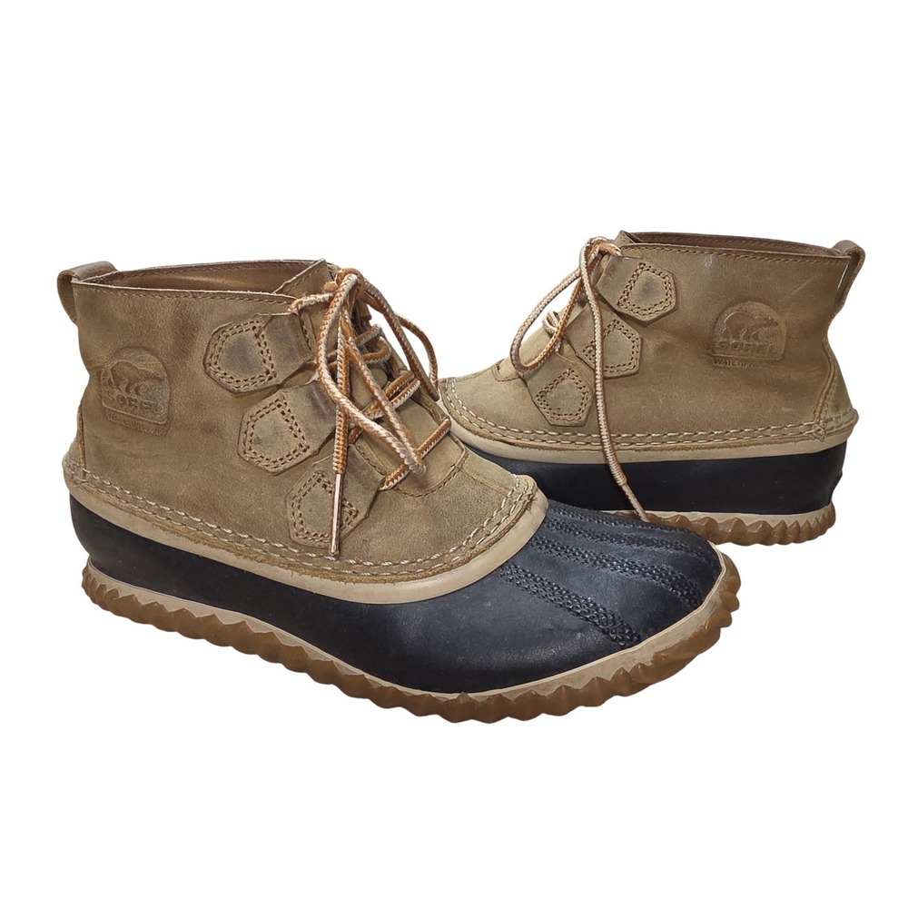Sorel Out N About Boots Women 7 Brown Leather Duck Waterproof Ankle Wedge Rainy